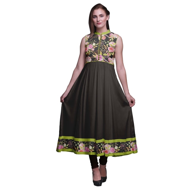 Bimba Robe Anarkali à Col Mandarin pour Femmes, Gris Foncé, Imprimé Aquarelle, Ethnique Indienne, Kurta, XXX-Large