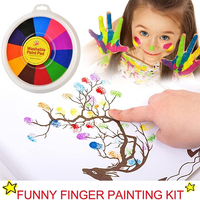 Funny Finger Painting Kit for kids featuring a washable paint pad with 12 vibrant colors, a picture book with 42 patterns, and non-toxic materials including PVC, pigment ink, and sponge. The image shows a child using colorful finger paints to create a tree design on paper, highlighting the creative and easy-to-clean nature of the kit.
