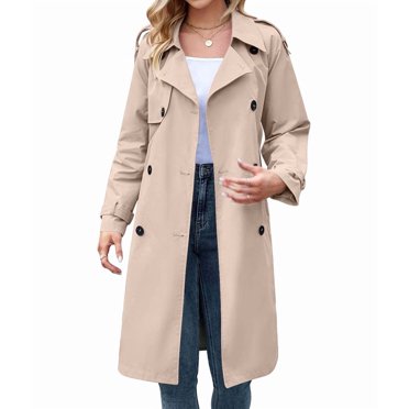 Women'S Double Breasted Long Trench Coat Windproof Classic Lapel Slim Overcoat with Belt Khaki M