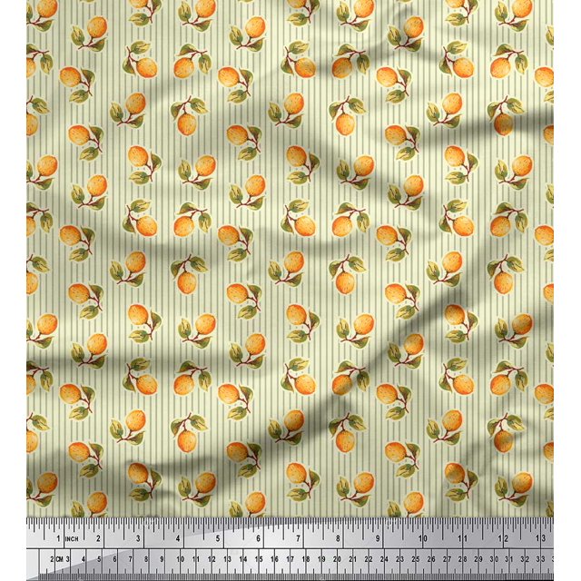 Soimoi Yellow Rayon Fabric Stripe & Orange Fruits Decor Fabric Printed Yard 42 Inch Wide