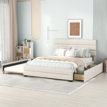 Euroco Lit Plateforme Rembourré Format Grand avec Tiroir-Lit de Rangement et Deux Tiroirs, Beige