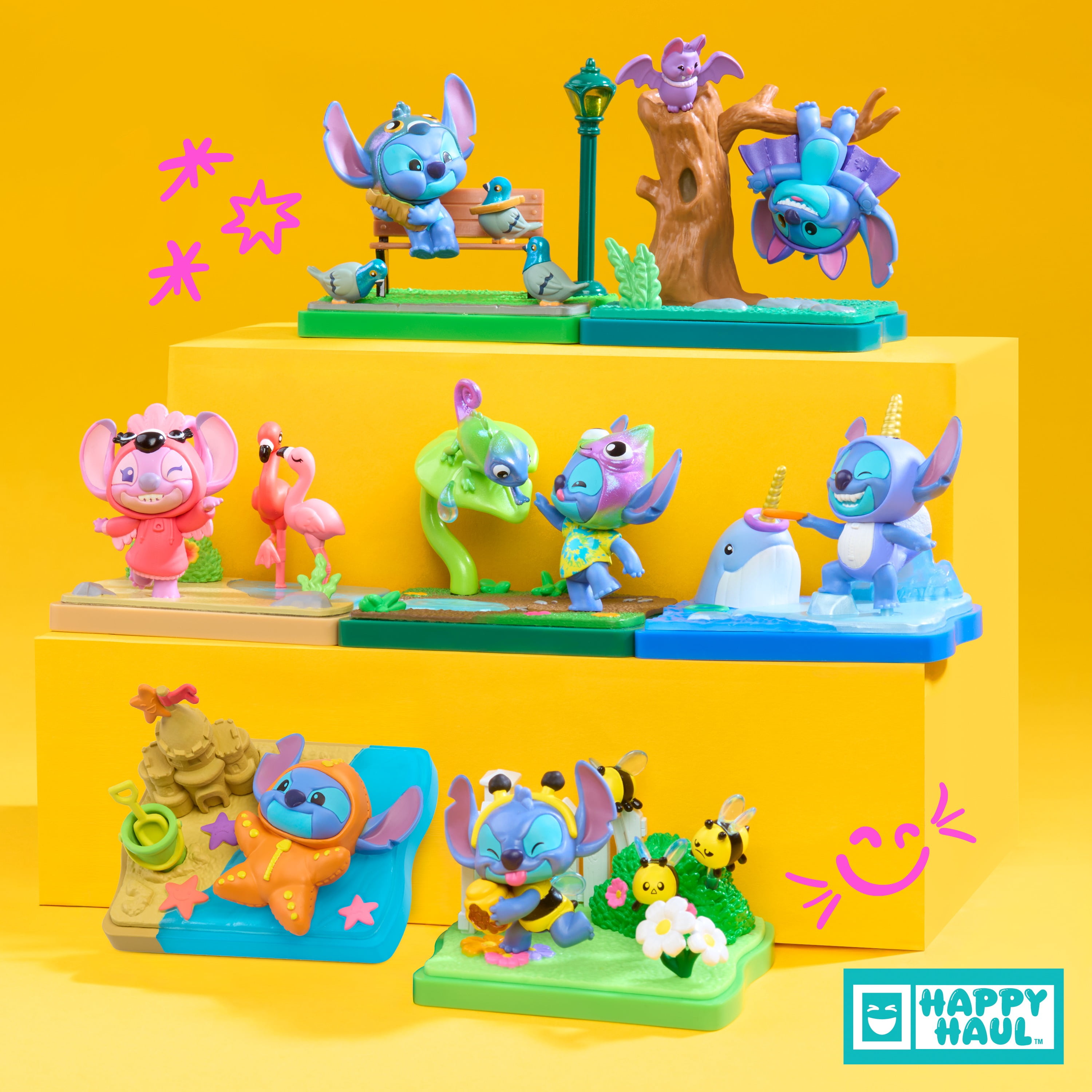 HAPPY HAUL Disney Stitch Goes Wild Scene Setters, figurine surprise à collectionner dans une boîte mystère avec base décor et accessoires, 8 cm, édition limitée, 8 ans et plus
