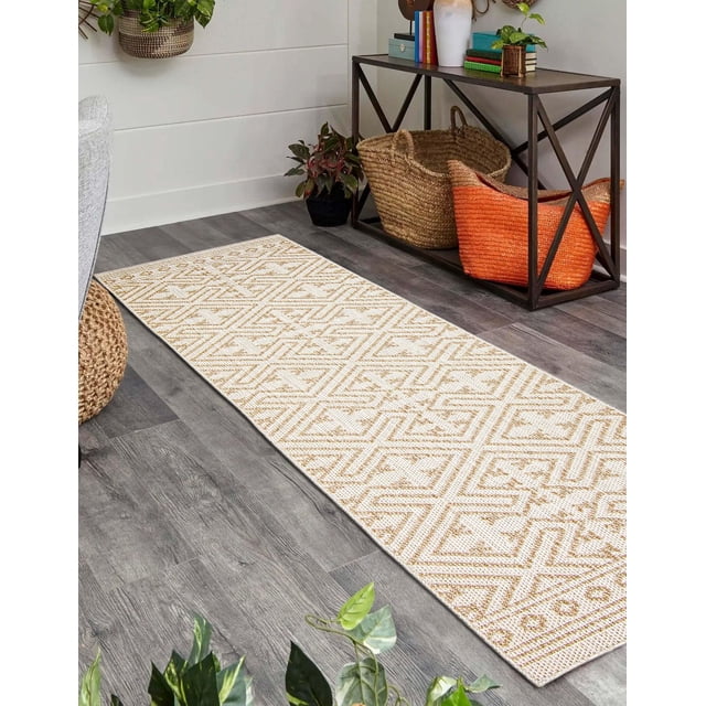 ECARPET Jute Style Area Rug for Bedroom, Living Room, Dining Room Hampshire Collection runner rug with beige and tan geometric jute-style pattern on grey hardwood floor, styled with woven baskets and green plants, ideal for high-traffic indoor spaces