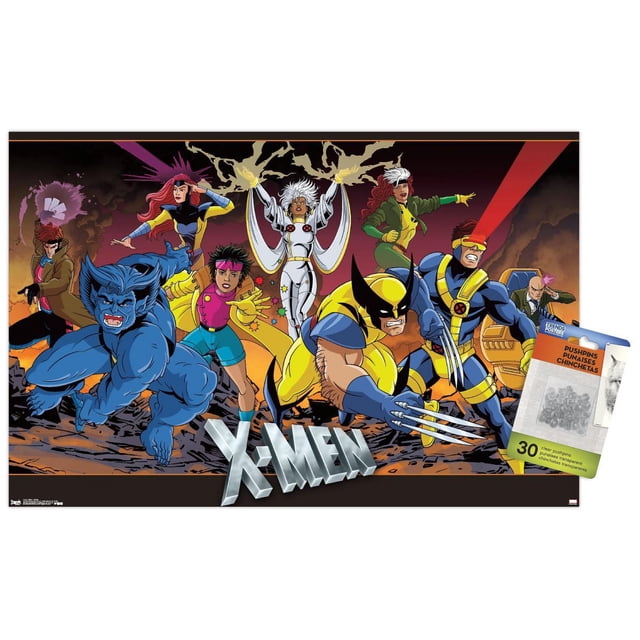 Marvel Comics - The X-Men - Affiche Murale de Groupe, 22,375 Pouces x 34 Pouces Mettant en Vedette une Vue Centrée et Orientée vers l'Avant de Personnages X-Men en costumes Colorés Posés Dynamiquement sur un Fond Fumé avec le logo X-Men Argenté au Bas, Incluant Bête Accroupie en Fourrure Bleue, Wolverine en Jaune et Bleu avec Griffes Allongées, Cyclops Tirant une Explosion Optique Rouge, Tempête en Blanc avec Effets Éclair, Jean Gris en Vert et Jaune,