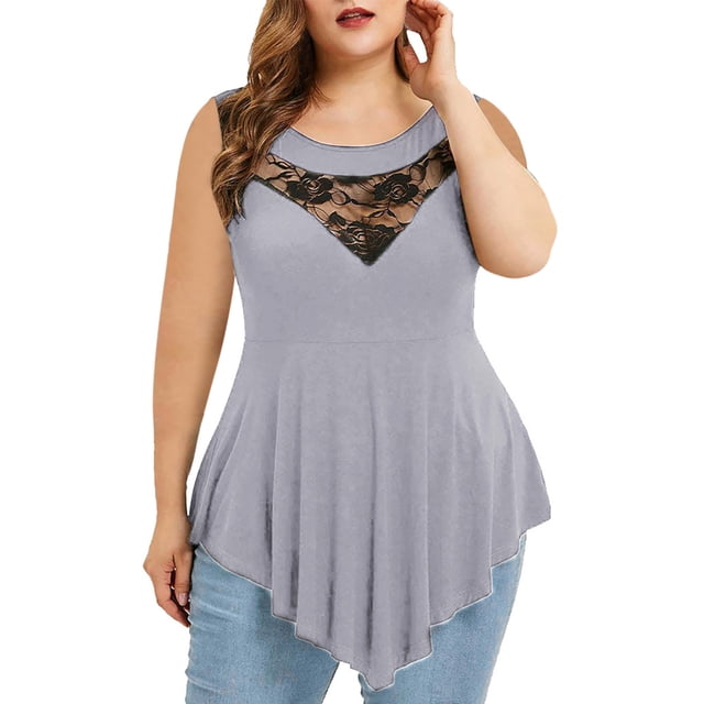 Levmjia Débardeurs pour Femmes Grande Taille Sans Manches Liquidation Solide Dentelle Florale Col Rond Tops Asymétriques Blouse