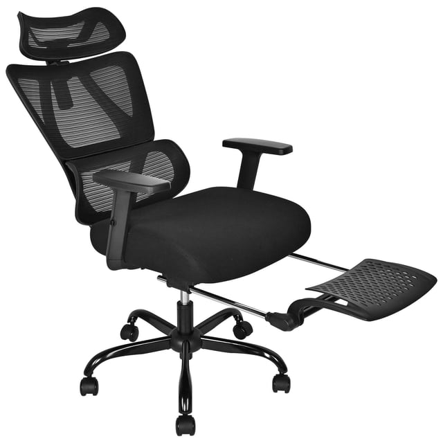 Ergonomic Mesh Office Desk Chair with Retractable Footrest, Adjustable Headrest & Armrest, High Back Comfy Reclining Chair Swivel Executive Computer Task Chair with Lumbar Support, designed for ergonomic comfort. Black ventilated mesh backrest, contoured headrest, padded seat, retractable footrest, 90°-120° tilt adjustment, and 360° swivel base. Ideal for office furniture setups.