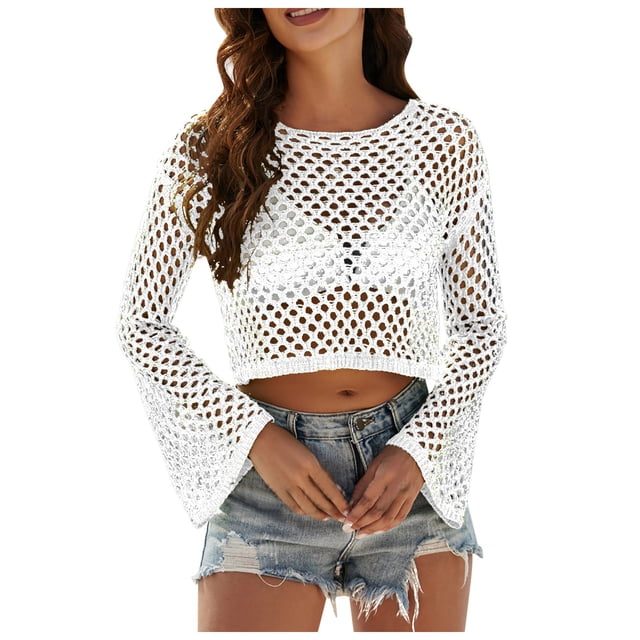 FhsagQ Chemise de Nuit et Chemise de Nuit pour Femmes, Nouvelle Tenue de Plage pour Dames avec Col Rond Ample et Manches Ajourées, Robe de Plage pour Femmes, Robe de Plage pour Femmes Blanche m
