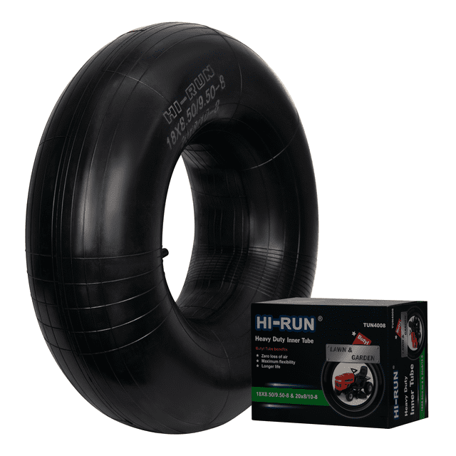 Hi-Run Chambre à air de Pneu de Pelouse et de Jardin, 18/8.50/9.50-8, TUN4008, Chambre à air Robuste en Caoutchouc Butyle Noir avec Tige de valve en Plastique Droite, Montrée avec Sa Boîte d'Emballage Mettant en Valeur l'Ajustement des Pneus de Pelouse et de Jardin, Zéro Perte d'Air et Flexibilité Maximale, Idéale pour les Tracteurs de Pelouse et les Pneus d'Équipement de Jardin.