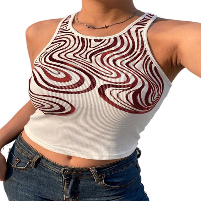 Women Y2k Close-fitting Camisole Printed Pattern Round Collar Sleeveless Crop Tops Brown S