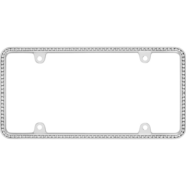 Cruiser Accessories Diamondesque, Chrome License Plate Frame with a slim chrome-plated zinc die-cast metal design featuring approximately 125 clear faceted glass crystals, fits standard 6 by 12 inch license plates without obstructing registration, also suitable for decorative novelty plates.
