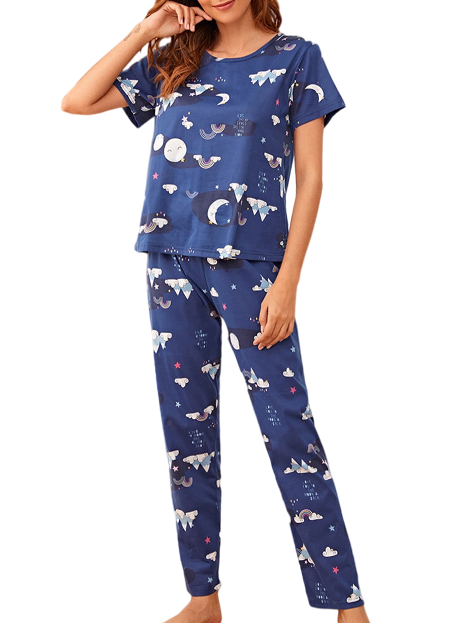 Innerwin Pajamas Set Plaid Printed Ladies Sleepwear Home Color Block Basic Nightwear Deep Blue Rainbow M