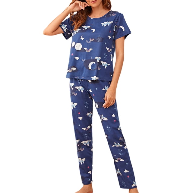 Innerwin Pajamas Set Plaid Printed Ladies Sleepwear Home Color Block Basic Nightwear Deep Blue Rainbow L