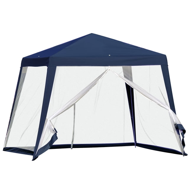 Outsunny Auvent de Tente de Fête, Abri d'Ombrage Extérieur Bleu au design Moderne avec Pattes Inclinées et Toit de Style Cathédrale. l'Auvent Est Fait de Tissu polyester Résistant aux UV et Comprend des Rideaux en Maille Zippés pour la protection contre les Organismes Antiparasitaires et la circulation de l'Air. Il a un Cadre en Acier Enduit de Poudre pour la Durabilité et la Stabilité, avec 8 Piquets et 4 Cordes pour un Soutien Accru. les dimensions hors Tout Sont de 10 Pieds de long, 10 Pieds de Large et 8 Pieds de Haut, avec une Hauteur d'Avant-toit
