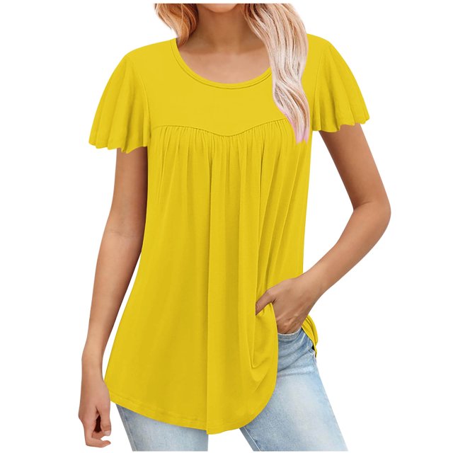 FAIWAD Tunique d'Été pour Femme à Manches Courtes, Col Rond, T-Shirt Décontracté Plissé, Ample et Fluide