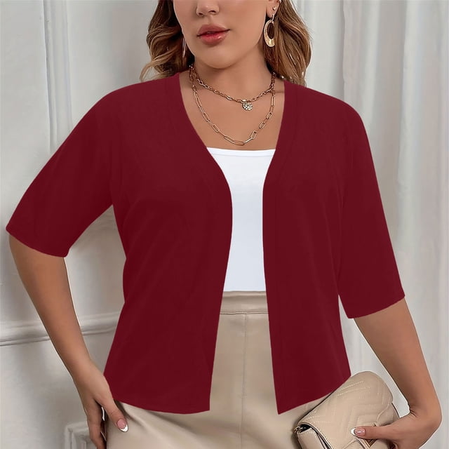 CFLVAEK Fall Cardigan Sweaters for Plus Size Women Casual Short Sleeve Open Front Shrugs Soft Solid Color Cropped Boleros Lightweight Cardigans Cover Ups Wine XXL