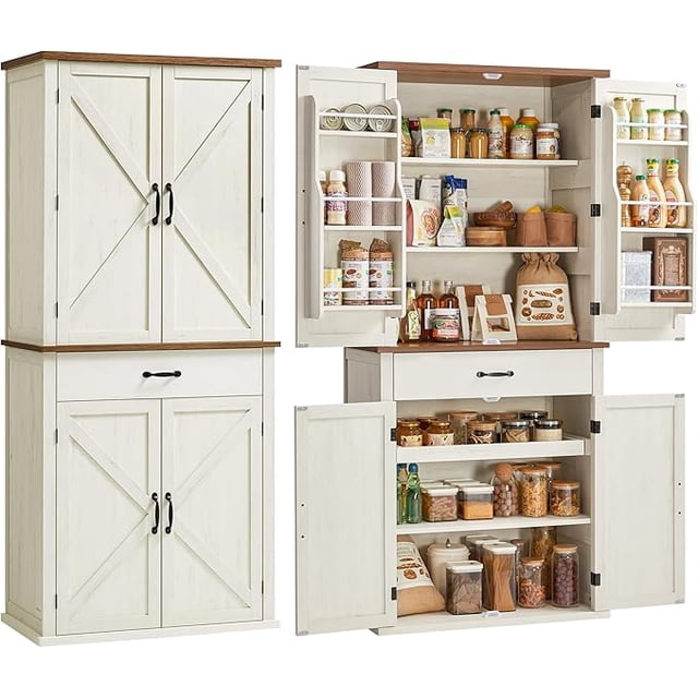 VASAGLE LIRY Collection pantry cabinet, 70.3-inch tall farmhouse kitchen storage cabinet in rustic white with barn doors, a pull-out tray, a large drawer, and adjustable shelves. The cabinet features two spacious compartments, six door shelves for spices and bottles, and a pull-out tray for easy access. Made from MDF and particleboard, it offers a durable and stable design. Shown in a fully stocked setup with various kitchen items, highlighting its versatile storage capacity.