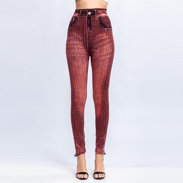 TopLLC Women's Plus Size Leggings Vertical Stripe Imitation Denim Leggings Show Thin Buttock Raising Capris High Waisted Leggings On Clearance