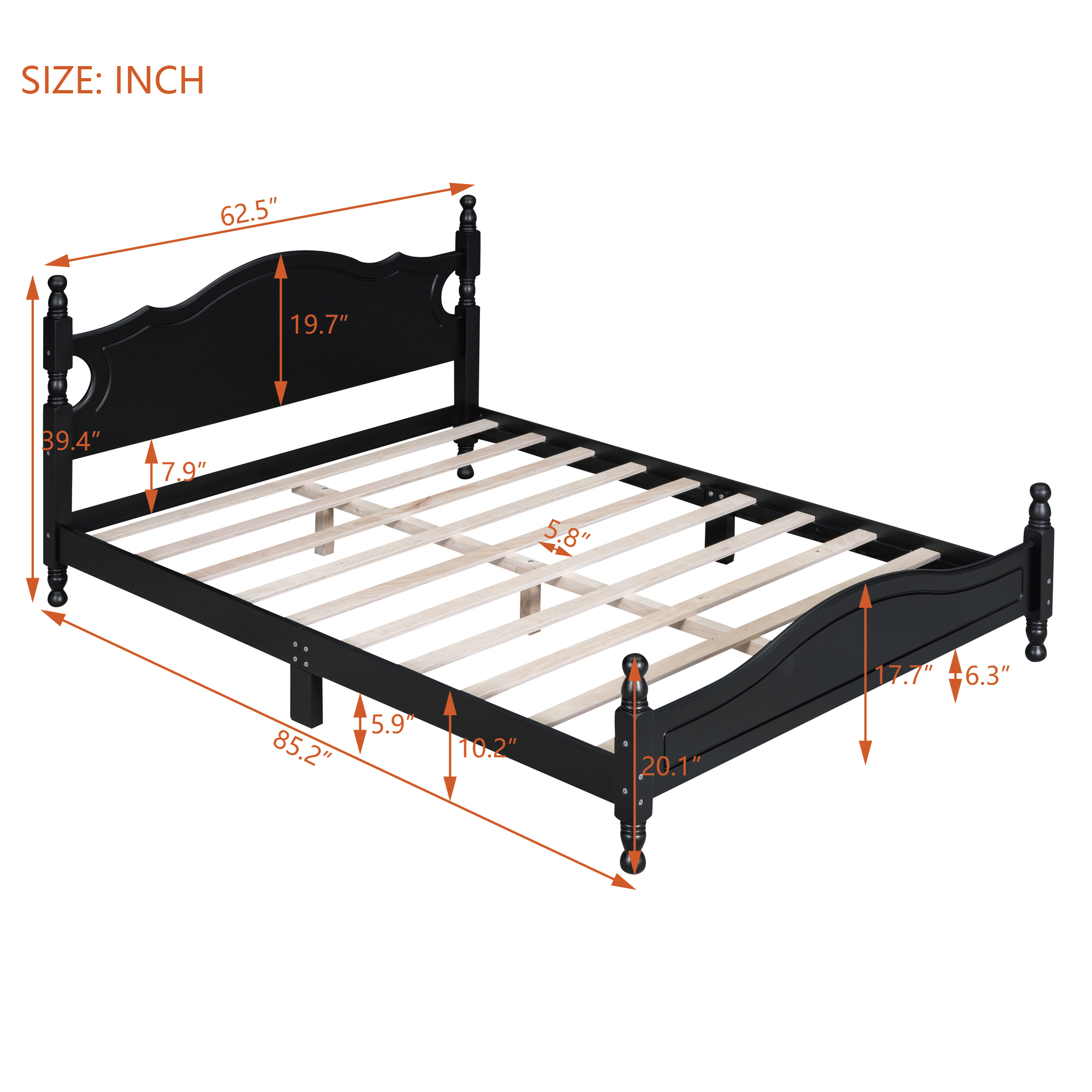 Homy Casa lit double 56,2 po avec lattes en bois, tête et pied de lit arqués pour chambre, chambre d’amis, appartement, noir