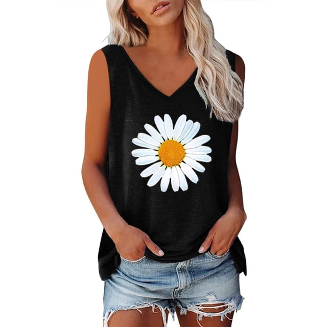 Womens Printed Sleeveless Casual V-Neck Tank Top