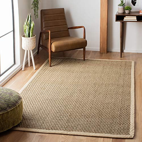 Safavieh Natural Fiber Collection NF114J Border Basketweave Seagrass Area Rug, 5' x 5' Square, Ivory
