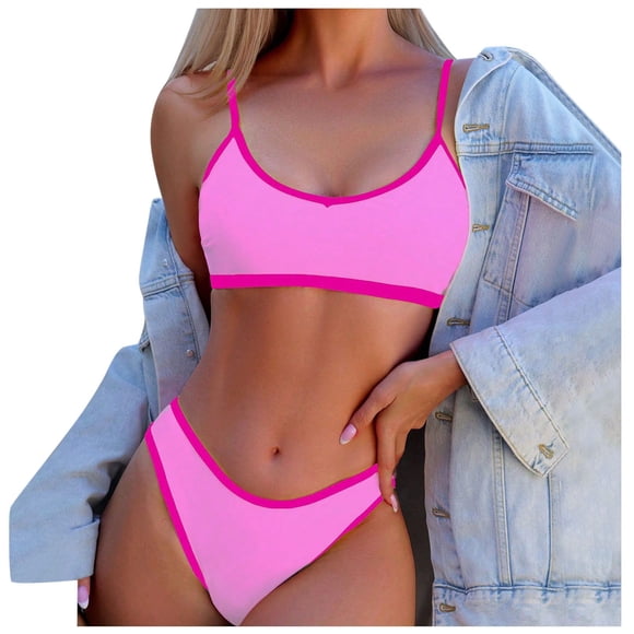 Riforla Women's Swimwear Print Split Bikini Swimsuit Two Piece Women's Beachwear Tankini Set Solid Color Bathing Suit for Women Hot Pink M
