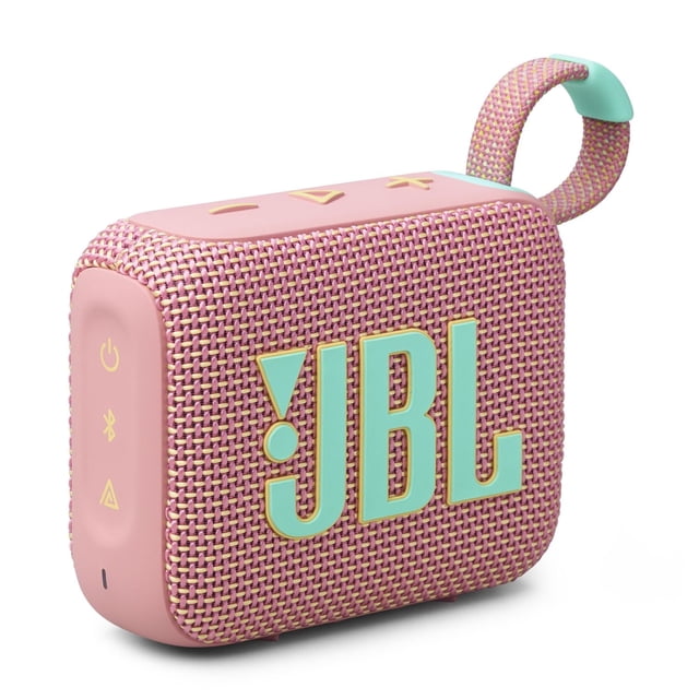 JBL GO 4 ultra-portable Bluetooth speaker in pink and yellow woven fabric with turquoise JBL logo, pink rubberized sides with power and Bluetooth buttons, and a pink and yellow loop handle with turquoise end, waterproof and dustproof, ideal for outdoor use