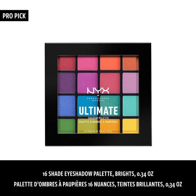 NYX Professional Makeup Ultimate Shadow Palette Contenant 16 Fards à Paupières Poudre Vifs à Couvrance Totale en un Carré Noir compact, Affichant un Arc-en-Ciel vibrant de Teintes du Rouge, Rose, orange, Violet, Bleu, Vert à Jaune, Convient pour un Maquillage des Yeux Audacieux et pour les Voyages.