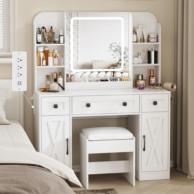 VEANERWOOD Makeup Vanity Set with Mirror and Lights USB Charging Station, Vanity Makeup Table with 3 Large Drawers and 2 Cabinets, Time and Temperature Display