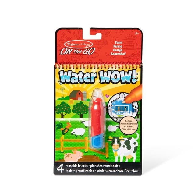 Melissa & Doug Water Wow! On The Farm - FSC Certified reusable water painting book with four farm-themed coloring boards and a refillable red and blue water pen, designed for mess-free, screen-free play and travel use.