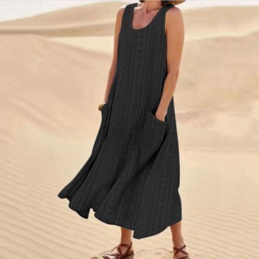 EQWLJWE Économies d'Été! Robes d'Été pour Femmes 2024 Décontractées Tendance, Robes pour Femmes Grande Taille en Solde, Mode Féminine Vacances Été Couleur Unie Sans Manches Creusée Fête Midi Plage Robe