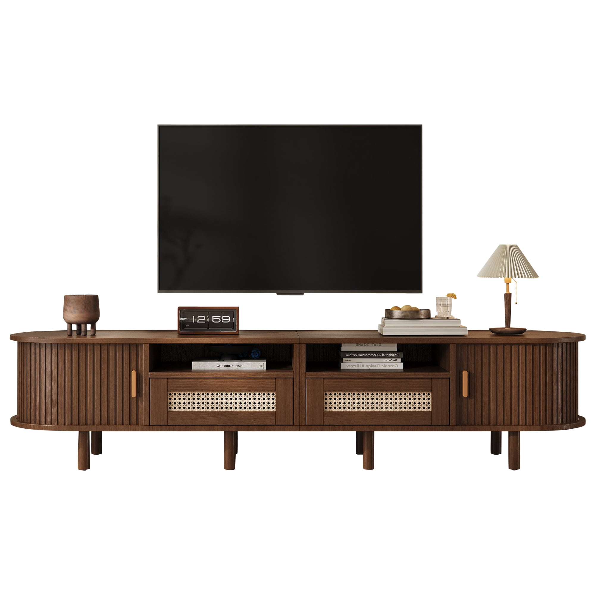 Meuble TV maison Noble 64.9" avec 2 tiroirs en rotin et 2 portes coulissantes, buffet ovale arrondi pour TV 65", noyer