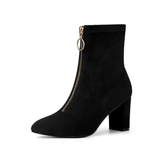 Unique Bargains Women's Faux Suede Square Toe Front Zip Block Heel Ankle Boots