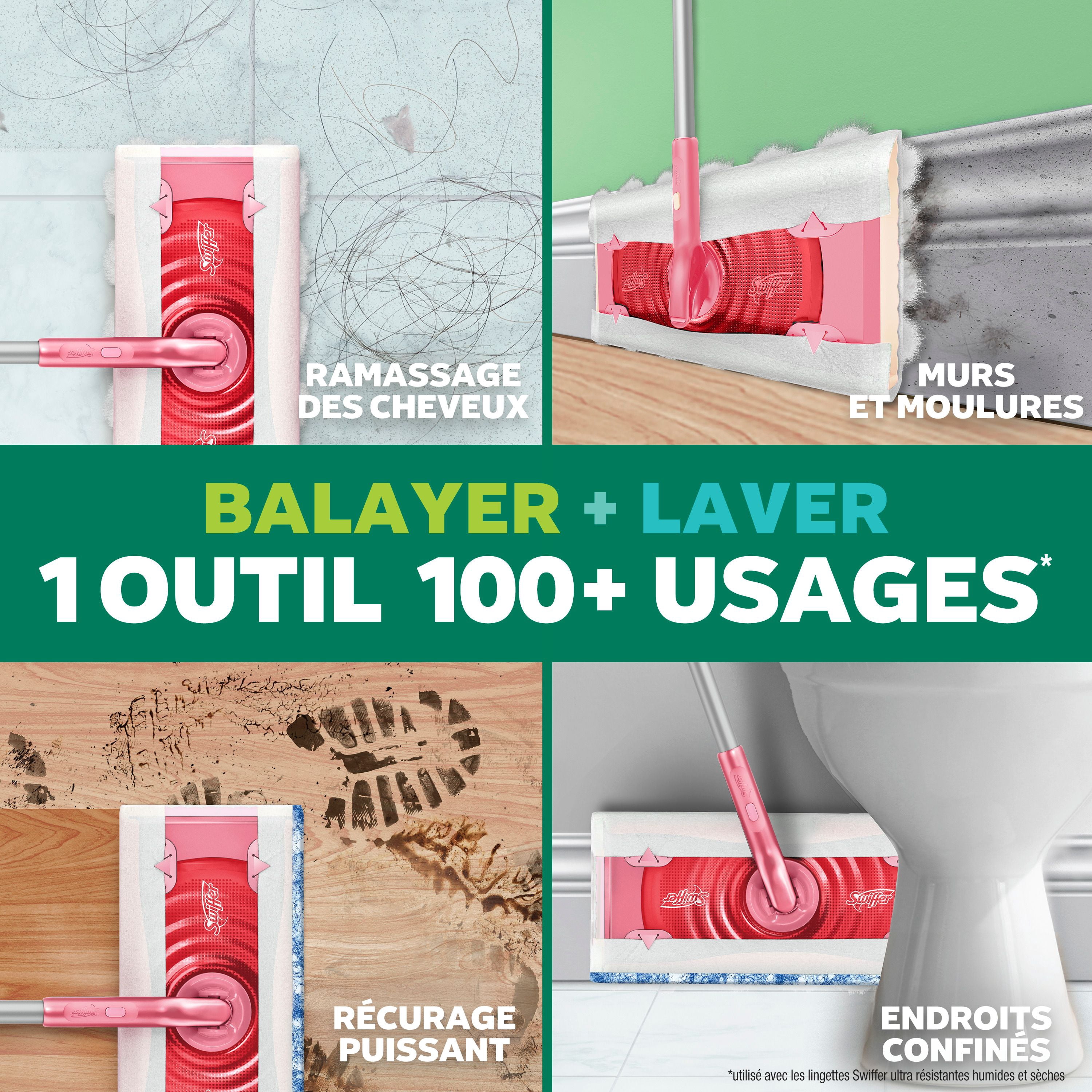Swiffer Balayer et laver Pro, MÉCHANT SÉRIE Rose LIMITÉE, trousse pour balayage et de lavage 2 en 1 pour les planchers, trousse de nettoyage multi-surfaces, la trousse comprend 1 balai, 5 linges secs
