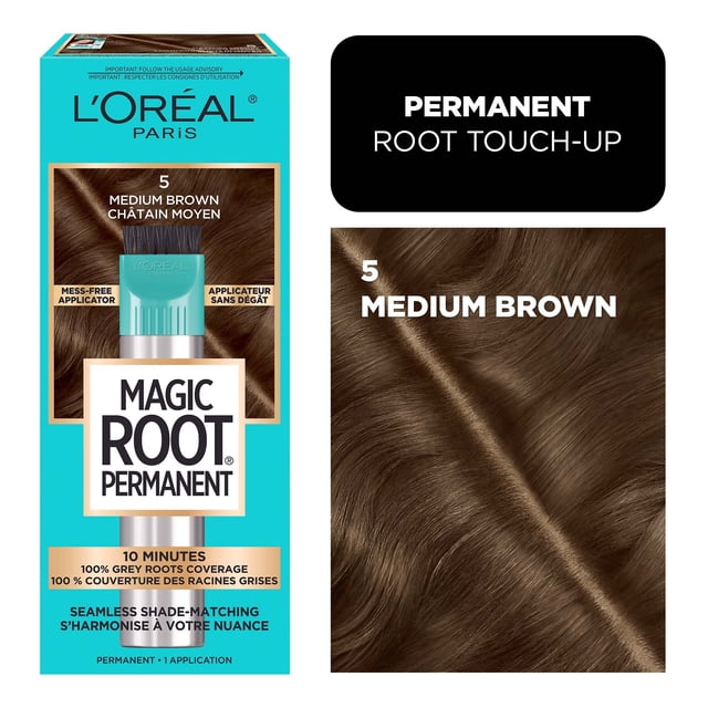 L'Oréal Paris Magic Root Permanent Hair Dye in 5 Medium Brown with mess-free applicator brush for permanent root touch-up, delivering 100% grey root coverage in 10 minutes and seamless shade matching for natural hair colour.