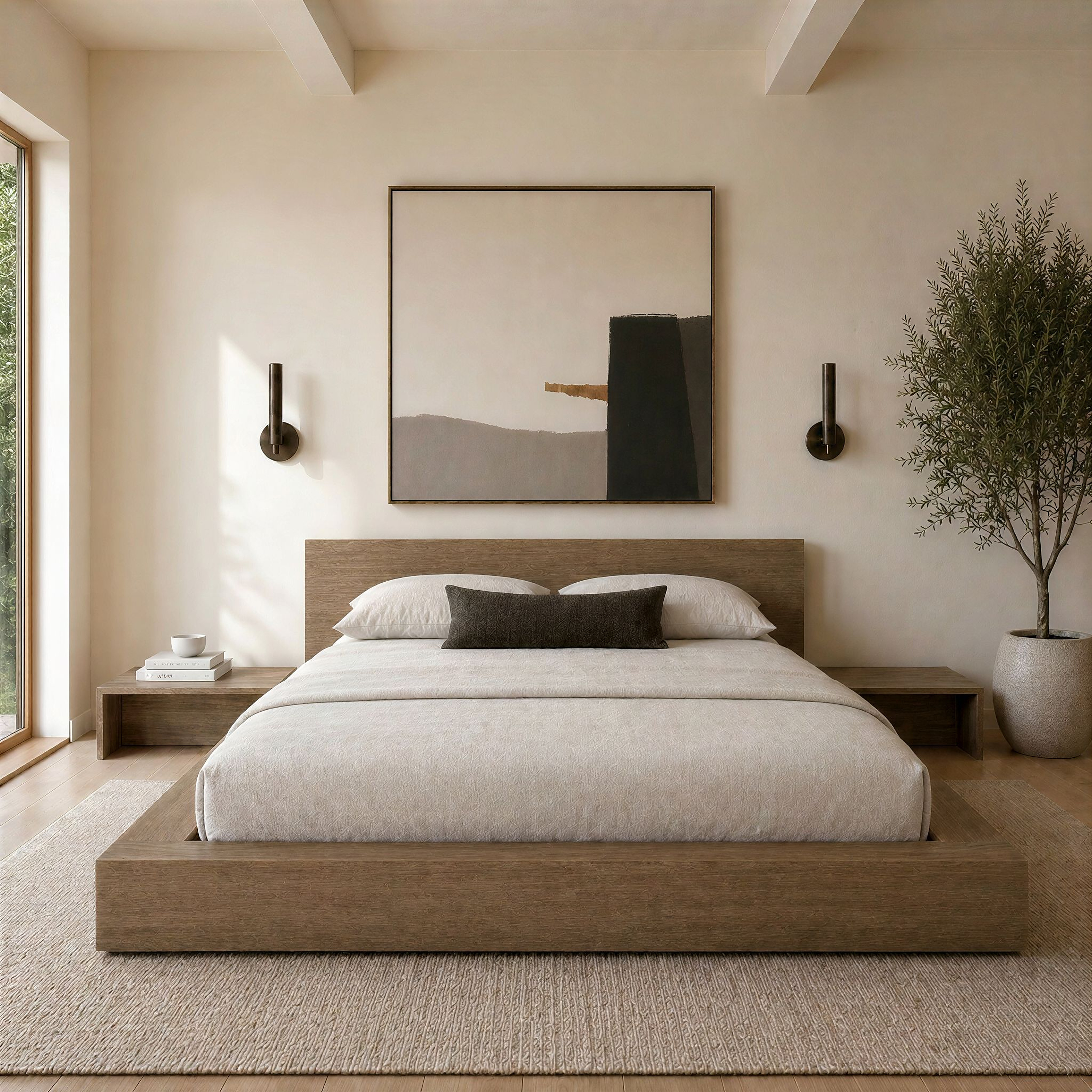 Ensemble de chambre à coucher Nexera Kanso 4 pièces avec lit queen size et plateforme basse, Chêne brun