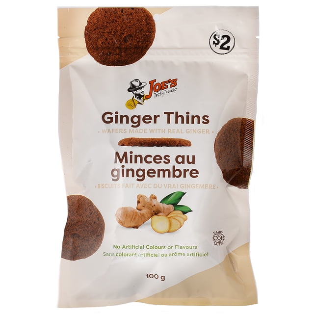 Joe's Tasty Travel Ginger Thins 100g package showing round brown ginger wafer cookies with fresh ginger root illustration, labeled as wafers made with real ginger and no artificial colours or flavours, bilingual English and French text, priced at $2, suitable for snacking and providing potassium, calcium, and iron.