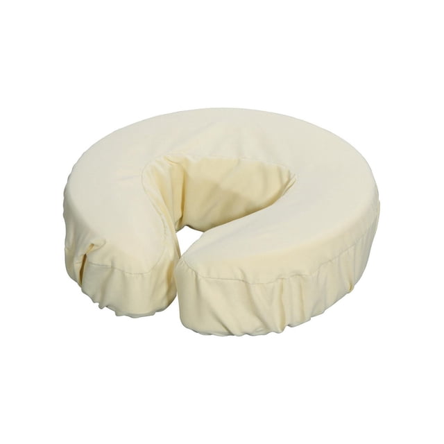 Master Massage Microfiber Face Cushion Cover 12 Piece Set Sand, a fitted 100% polyester microfiber cover for a 13 by 13 inch U-shaped face cushion, featuring elastic edges to prevent deformation, designed to protect massage table cushions and provide a soft, comfortable surface.