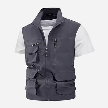Pisexur Jackets for Men Work Clothes Jacket Solid Color Stand Collar Multiple Pockets Outdoor Sports Photography Coat Gray,5XL
