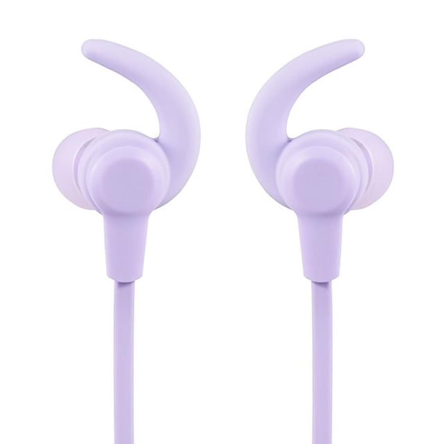 onn . Écouteurs Intra-Auriculaires Sans Fil Bluetooth avec Micro Intégré, Violet Pâle, avec Crochets d'Oreille Incurvés et Cordon Plat Anti-Emmêlement, Offrant jusqu'à 10 Heures d'Écoute et Indice Anti-Éclaboussures IPX4, Orientés vers l'Avant sur Fond Blanc, Convenant aux Appels Mains Libres et à l'Utilisation active.