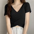 thumbnail image 2 of Timegard Crop Tops for Women V Neck Short Sleeve Irregularly Solid Color Casual Fitting Tee Fashion, 2 of 3