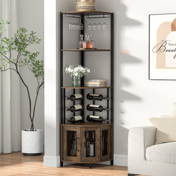 Eumyviv Armoire à Vin d'Angle, Armoire à Vin Industrielle en Treillis Métallique à 5 Niveaux avec Tablette de Rangement, Armoire de Bar à Alcool, Brun Rustique, H0194