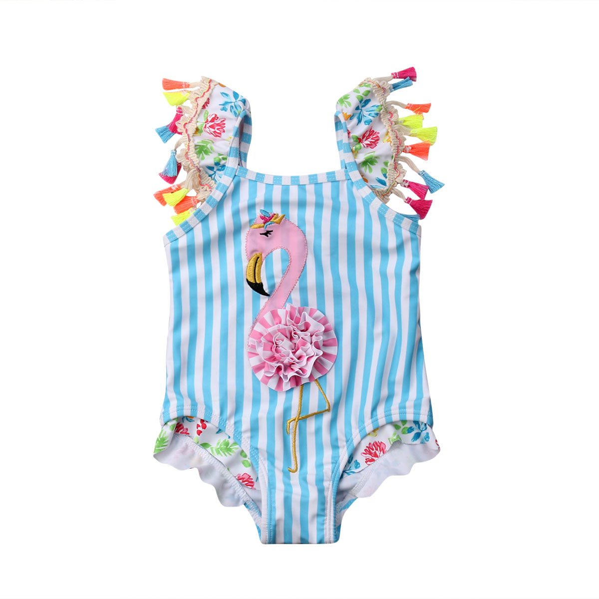 Gupgi Maillot de Bain une-Pièce pour Bébé Fille, Rayé Flamant Rose, Bikini à Franges