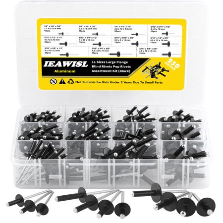 Pop Rivets Assortment Kit, 250PCS Large Flange Aluminum Rivets, 11 SAE Sizes Flange Diameter - 1/8" 5/32" 3/16" for Airplanes, Ships, Rails and DIYÃ¯Â¼?Black Ã¯&frac