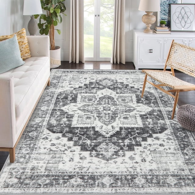 Garvee 9x12 Large Washable Rug Vintage Persian Rug Retro Medallion Rug Indoor Non-Slip Low Pile Carpet Living Room Bedroom Rug, Gray