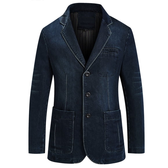 Lovzfmll Men's Denim Blazer Washed Casual Jacket 3-Button Single Breasted with Pockets Dark Blue, XL