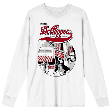 Dr. Pepper T-shirt à Manches Longues Blanc à Col Rond pour Femmes, Art Circulaire Vintage avec Logo - TG