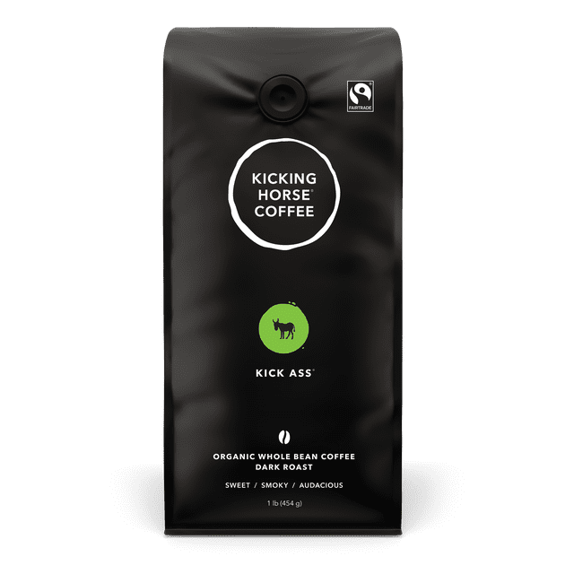 Kicking Horse Coffee - Kick Ass - Dark Roast - 454g Whole Bean in a matte black bag featuring the white Kicking Horse Coffee logo, a green circle with a black donkey silhouette, and Fairtrade certification mark, labeled organic whole bean coffee with sweet, smoky, audacious tasting notes, suitable for drip, French press, and pour over brewing methods.