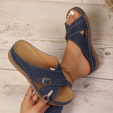 Mlkoz Ladies Sandals, Women's Fashion Casual Versatile Solid Color Belt Buckle Spring And Summer New Style Fashion Wedge Heel Beach Sandals, Women Gifts