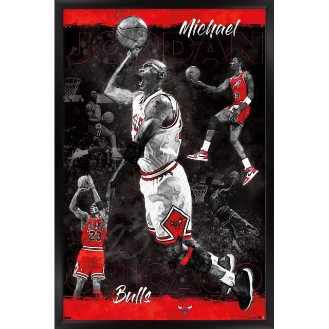Michael Jordan' Michael Jordan - Affiche Murale de Croquis, 22,375 Po x 34 Po Encadrée Présentant Plusieurs Croquis de Michael Jordan sous l'Uniforme Chicago Bulls Exécutant des Mouvements de basketball comme des dunks et des Sauts, sur Fond Rouge et Noir avec Texte Audacieux « » et « Bulls », Convenant aux Oeuvres Murales à Thème Sportif.