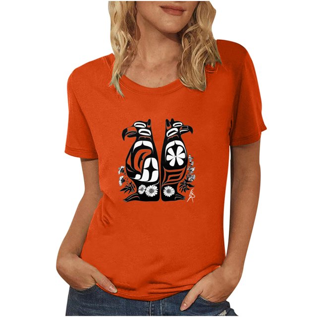 Dadaria T-Shirt pour Femmes Chemise Orange Manches Courtes Col Rond Été Chandail Blouses S